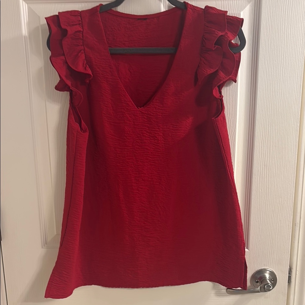 Chic Ruffled V-Neck Blouse in Vibrant Red